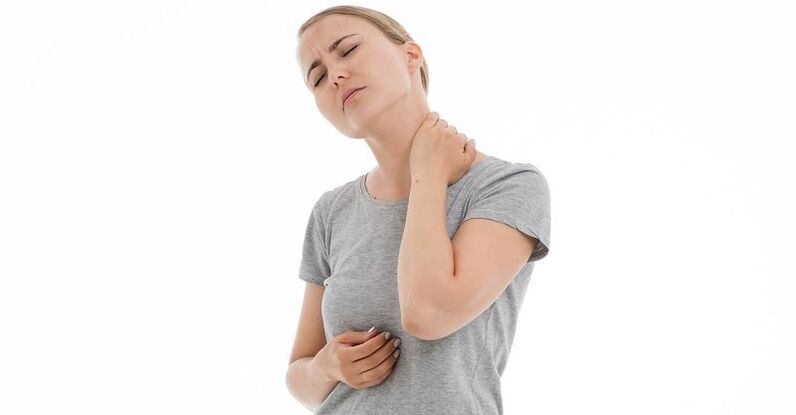 The girl has pain in her neck